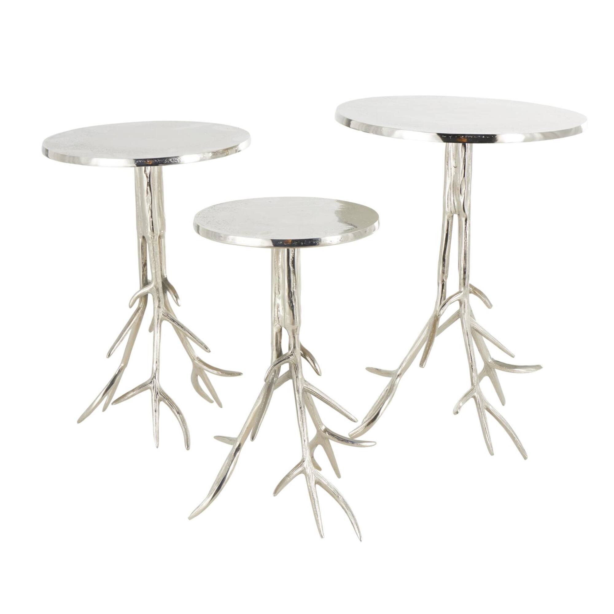 Silver Metal Side End Accent Table with Textured Tree Branch Legs Set